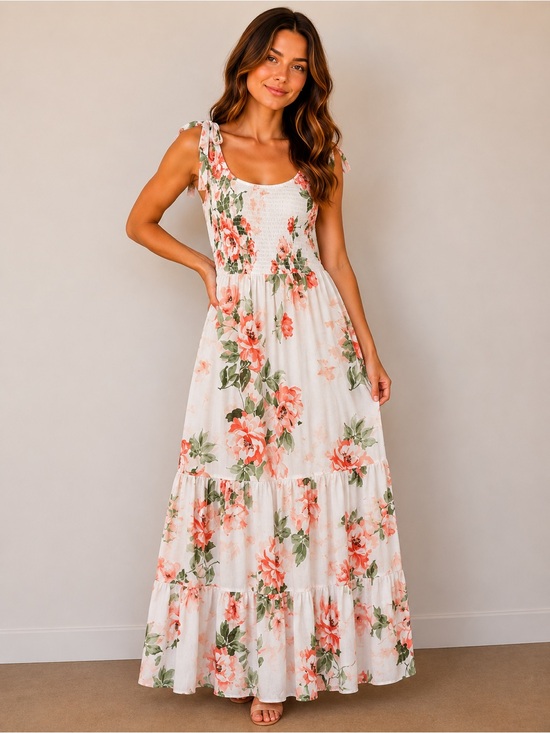 bailey blue Dresses & Skirts - Floral Tie-Shoulder Maxi Dress in White and Coral